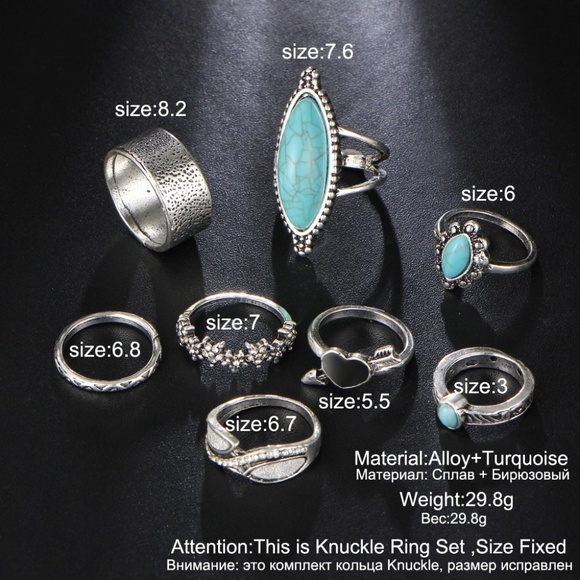 Bella Smyle Jewelry Rs3 8pcs Boho Silver Ring Set Turquoise Stones